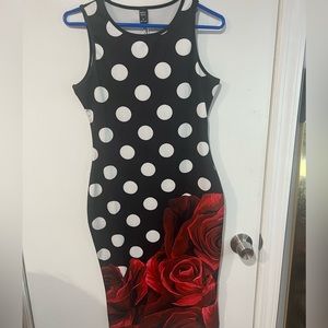 Floral dress with black and white dots.
